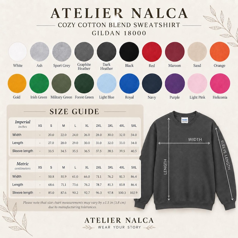May include: A dark grey Gildan 18000 cotton blend sweatshirt displayed with a color palette of twenty options and a size guide chart. The chart provides width, length, and sleeve length measurements in inches for sizes S through 5XL.