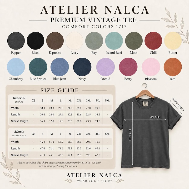 May include: A dark grey short-sleeve t-shirt displayed with a color palette chart and a size guide. The chart lists colors including Pepper, Black, Espresso, Ivory, Bay, Island Reef, Moss, Chili, Butter, Chambray, Blue Spruce, Blue Jean, Navy, Orchid, Berry, Blossom, and Yam. The size guide provides width, length, and sleeve length measurements in inches for sizes XS through 5XL.