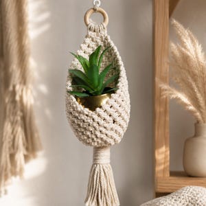 Peut inclure: Une suspension pour plante en macramé couleur crème avec un motif de cordes tressées, un anneau en bois circulaire au sommet pour la suspension et un long pompon en bas. Elle contient un petit pot doré brillant avec une plante succulente artificielle.