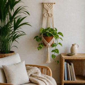 Peut inclure: Une suspension pour plantes en macramé couleur crème accrochée à une tige en bois, avec des motifs noués complexes et un long pompon. Elle contient un pot en terre cuite avec une plante pothos aux feuilles vertes panachées.