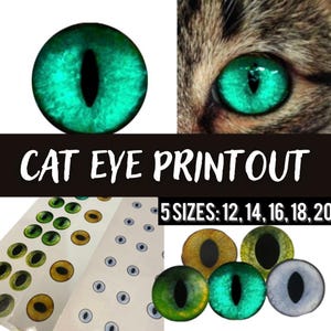 Op de afbeelding: Een verzameling kattenoog-prints met verschillende iriskleuren waaronder groen, geel en blauw met verticale zwarte pupillen. De tekst CAT EYE PRINT OUT en 5 SIZES: 12, 14, 16, 18, 20 is weergegeven. Het vel bevat meerdere ronde oogontwerpen.