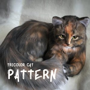 May include: A plush toy cat with long, fluffy fur in a tricolor pattern of brown, black, and orange. The cat has green eyes, white whiskers, and a white patch on its chest. The text "TRICOLOR CAT PATTERN" is printed in white on the lower left side.