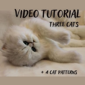 Op de afbeelding: Een witte pluizige kat die ligt met de tekst VIDEO TUTORIAL THREE CATS + 4 CAT PATTERNS in het zwart eroverheen. De kat heeft lang haar, donkere ogen en ligt op een lichtgekleurde ondergrond als onderdeel van een visuele handleiding.