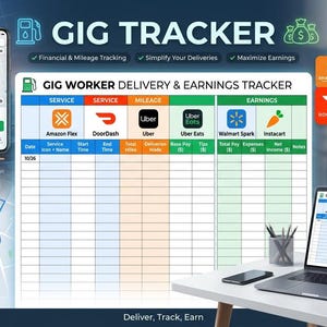 May include: A Gig Worker Delivery & Earnings Tracker spreadsheet template featuring columns for service, mileage, and earnings. The layout includes icons for Amazon Flex, DoorDash, Uber, Uber Eats, Walmart Spark, and Instacart, displayed on a laptop screen.