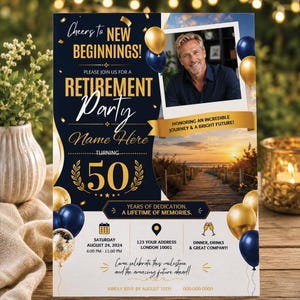 Op de afbeelding: Een marineblauwe en gouden uitnodiging voor een pensioenfeest met de tekst Cheers to NEW BEGINNINGS! RETIREMENT Party Name Here turning 50. Bevat een foto van een persoon, een afbeelding van een zonsondergang op het strand en evenementdetails.