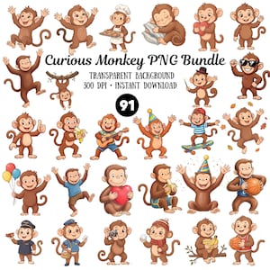 May include: A digital collection of 91 cartoon monkey illustrations titled Curious Monkey PNG Bundle. The monkeys are depicted in various poses, including holding balloons, playing sports, wearing hats, eating bananas, and playing musical instruments.