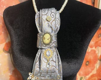 Bridgerton Inspired "Sophia" Upcycled Tie Necklace | Silver & Gold Cameo Statement Jewelry | Regency Romance Wearable Art