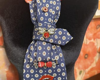 Bridgerton Inspired Kate Upcycled Tie Necklace | Jeweled Bee & Lips Statement Jewelry | Regencycore Wearable Art