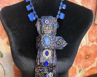 Bridgerton Inspired Upcycled Tie Necklace | Queen Charlotte Cameo & Crown Statement Jewelry | Regencycore Wearable Art