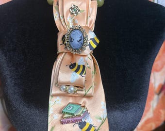 Bridgerton Inspired Eloise Upcycled Tie Necklace | Bee & Book Cameo Statement Jewelry | Regencycore Wearable Art