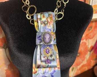 Upcycled Floral Tie Necklace | Bridgerton Lady Violet Cameo Statement Jewelry