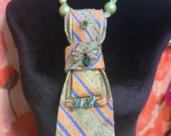 Bridgerton Inspired Penelope Upcycled Tie Necklace | Jeweled Bee Statement Jewelry | Regencycore Wearable Art