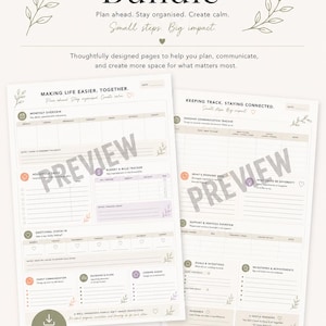 Peut inclure: Un ensemble d'organisation de pages de planification imprimables avec le texte Organisation Bundle, Making Life Easier. Together., et Keeping Track. Staying Connected. Les pages incluent des sections pour les aperçus mensuels et le suivi budgétaire.