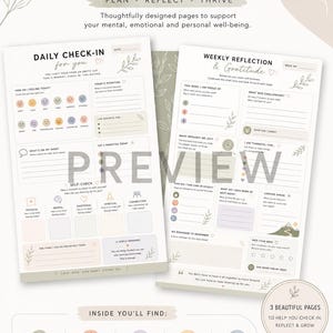 Könnte beinhalten: Ein digitales Wohlfühl-Planer-Set mit zwei druckbaren Seiten mit den Titeln Daily Check-In und Weekly Reflection & Gratitude. Die Seiten enthalten Abschnitte zur Verfolgung von Emotionen, Absichten, Prioritäten und Selbstfürsorge in sanften Pastelltönen.