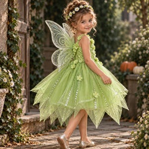 May include: A light green sleeveless dress featuring a layered tulle skirt with pointed hemline, embellished with small fabric flowers and silver sequins. The outfit includes sheer, iridescent fairy wings and a matching floral headband.