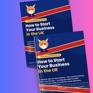 May include: Two identical digital guide covers titled How to Start Your Business in the UK, The Complete 2026 Edition. The dark blue covers feature a cartoon fox wearing glasses and a red bowtie, with red and yellow diagonal stripes and white text.