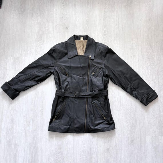 Vintage Black Pig Nappa Leather Biker Coat Belted 90s Y2K Motorcycle Jacket EU 36