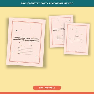 Może przedstawiać: Zestaw zaproszeń na wieczór panieński w formacie PDF zawierający trzy jasnoróżowe prostokątne karty z czerwonymi obwódkami i rozproszonymi kolorowymi kropkami. Tekst zawiera Enterrement de Vie de Jeune Fille, La dernière fete avant le grand jour oraz linie RSVP.