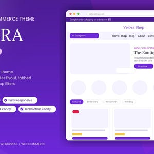 May include: A digital preview of the Velora Shop WooCommerce theme featuring a purple background with white text. The layout displays a two-tier header, categories flyout, tabbed collections, and persistent shop filters on a website interface.