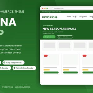 May include: A digital preview of the Lumina Shop WooCommerce theme featuring a green colour scheme. The layout displays a website header, navigation menu, hero section with text, and a grid of product placeholders. Feature badges are listed below.