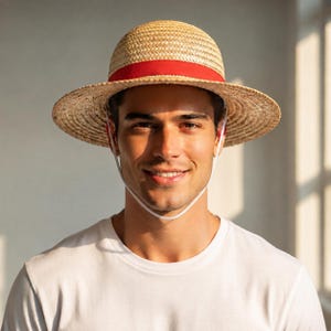 May include: A straw hat with a rounded crown and a wide brim, featuring a vibrant red ribbon band encircling the base of the crown. The hat includes a thin, white adjustable chin strap that secures under the chin to keep the headwear in place.