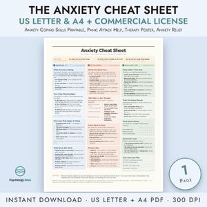 Puede incluir: Una hoja de información imprimible titulada Anxiety Cheat Sheet, organizada en secciones llamadas Understand It, Do The Work y Build New Ties. El documento presenta estrategias de afrontamiento, hábitos y herramientas de seguimiento.