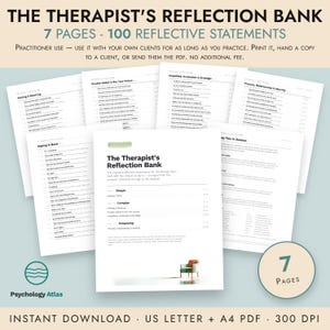 Könnte beinhalten: The Therapist's Reflection Bank ist ein 7-seitiges Dokument mit 100 reflektierenden Aussagen für die Praxis. Die Seiten enthalten schwarzen Text auf weißem Papier, unterteilt in Abschnitte wie Simple, Complex und Deepening, mit dem Psychology Atlas Logo.