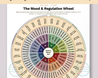 May include: A circular Mood and Regulation Wheel chart featuring eight colored segments representing feeling families. The center reads Notice Name Act. Text labels describe body sensations and regulation strategies in a radial layout.