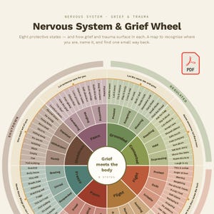 May include: A circular Nervous System & Grief Wheel chart featuring eight protective states including Shutdown, Fawn, Freeze, Panic, Flight, Fight, Connected, and Grounded. The diagram uses color-coded segments to categorize emotional responses.