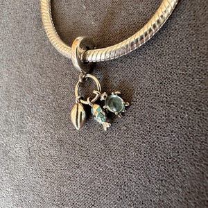 Könnte beinhalten: Ein silbernes Schlangenkettenarmband mit einem Anhängerhalter, an dem drei verschiedene Charms befestigt sind: eine metallische Muschel, ein kleiner Fisch mit türkisfarbenen Emaille-Akzenten und eine Meeresschildkröte mit einem durchscheinenden grünen Ovalstein.