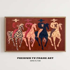 Pode incluir: Uma obra de arte de parede retangular numa moldura dourada com quatro figuras a cavalo contra um fundo vermelho profundo. Cada cavaleiro usa um chapéu de abas largas e uma camisa com padrão de estrelas. Os cavalos exibem padrões variados.