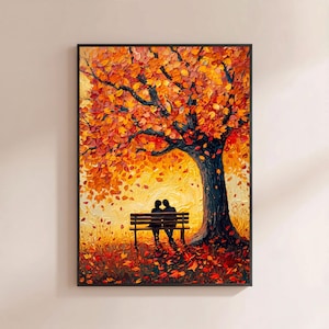 May include: An oil painting featuring a large tree with vibrant orange, red, and yellow leaves. Two figures sit together on a wooden bench positioned beneath the tree. The ground is covered in fallen leaves, and the background glows with warm light.