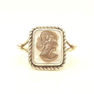 Antique 14K Gold Mother of Pearl Cameo Ring, Rectangular Carved Profile Jewelry