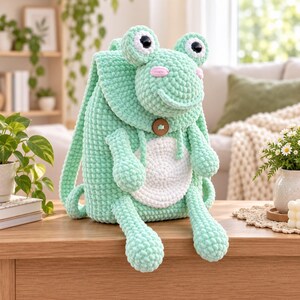 Puede incluir: Una mochila de ganchillo de color verde menta claro con forma de rana. El bolso presenta dos ojos grandes con pupilas negras, mejillas rosadas, un parche circular blanco en la barriga y un cierre de botón de madera marrón en la solapa frontal.