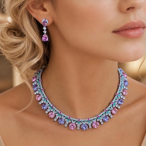 Pink Purple Zirconia Bridal Jewelry Set – Enamel Statement Collar, Drop Earrings