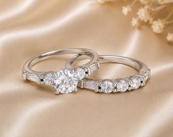 925 Sterling Silver Bridal Ring Set, CZ Baguette Wedding Band, Engagement Ring Rhodium-Plated