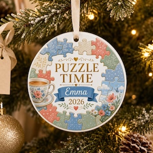 Personalized Floral Puzzle Ceramic Ornament, Custom Name & Year Keepsake, Cozy Cottagecore Gift for Her, Spring Home Decor, Floral Wall Art!