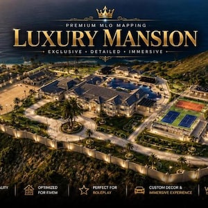 Könnte beinhalten: Eine Luftaufnahme eines großen Küstenanwesens mit Swimmingpool, Tennisplätzen und angelegten Gärten. Der Text lautet: PREMIUM MLO MAPPING LUXURY MANSION EXCLUSIVE DETAILED IMMERSIVE, zusammen mit Symbolen für Qualität und Leistung.
