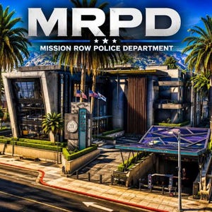 May include: A modern police station building labeled MRPD Mission Row Police Department, featuring a multi-story gray concrete structure, palm trees, a street-level entrance, and a road in the foreground under a bright blue sky with distant mountains.