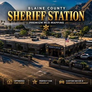 May include: A digital rendering of the Blaine County Sheriff Station featuring a flat-roofed building with a parking lot, police vehicles, and a mountainous desert landscape. The text reads BLAINE COUNTY SHERIFF STATION PREMIUM MLO MAPPING.