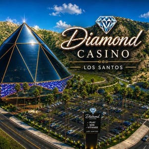 May include: A large, pyramid-shaped building with a dark, faceted glass exterior and a blue patterned base, set against a mountain range. The text "Diamond CASINO LOS SANTOS" is displayed prominently above the structure with a diamond icon.