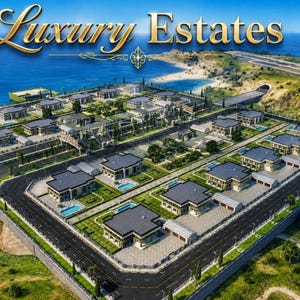 May include: An aerial view of a residential development named Luxury Estates, featuring multiple detached houses with dark roofs, private swimming pools, and green lawns, all situated along a coastal road near the blue ocean and a highway.