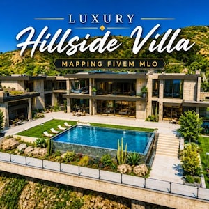 May include: A large, multi-level modern villa built into a hillside, featuring a rectangular swimming pool, green lawns, and expansive glass windows. The text "LUXURY Hillside Villa MAPPING FIVEM MLO" is displayed in white and gold lettering above the structure.