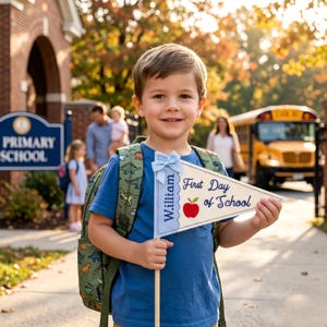 Könnte beinhalten: Ein dreieckiger Wimpel an einem Holzstab mit der Aufschrift William und First Day of School, einer roten Apfelgrafik und einer hellblauen Schleife. Der Wimpel hat einen gewellten blauen Rand und wird von einem Kind mit blauem T-Shirt und grünem Rucksack mit Dinosaurier-Muster gehalten.
