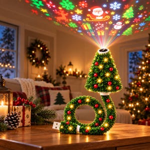 Könnte beinhalten: Ein grüner, künstlicher Weihnachtsbaum-USB-Lichtprojektor, verziert mit kleinen roten Ornamenten und warmweißen LED-Lichtern. Das Gerät projiziert farbenfrohe Weihnachtsmotive wie den Weihnachtsmann, Rentiere, Schneeflocken und Geschenke an die Decke.