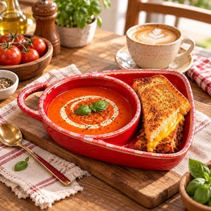 May include: A red ceramic serving dish with a handle, containing a bowl of tomato soup garnished with cream and basil, alongside a grilled cheese sandwich. The dish features a checkered rim pattern and sits on a wooden board with a gold spoon.