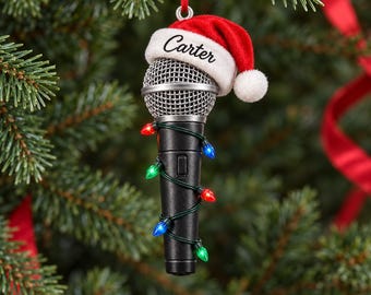 Adorno navideño personalizado con forma de micrófono vocal, regalo para cantante, recuerdo de estudio musical, decoración para vocalistas, adorno plano 2D con forma de micrófono.