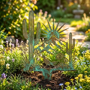 Peut inclure: Une décoration de jardin en métal représentant un paysage désertique avec un grand cactus saguaro, un cactus plus petit, un soleil rayonnant, des montagnes et un géocoucou. L'objet présente une patine vert-de-gris vieillie et oxydée.