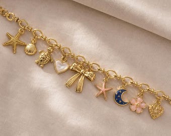 Customizable Stainless Steel Charm Bracelet, Ocean Beach Theme, Personalized Gift