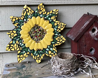 Sunflower Mosaic Wall Hanging Stones Pebbles Lady Bug Garden Art Pique Assiette